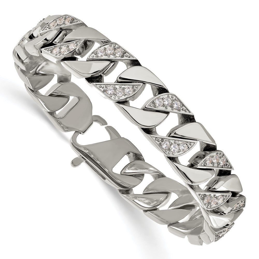 Alternate view of the Men&#39;s 13mm Stainless Steel &amp; CZ Curb Chain Bracelet, 8.5 Inch by The Black Bow Jewelry Co.