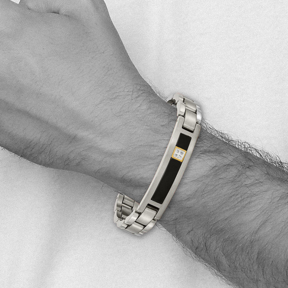 Alternate view of the Titanium, 14K Gold Accent, Onyx &amp; .05ctw Diamond Link Bracelet, 8 Inch by The Black Bow Jewelry Co.