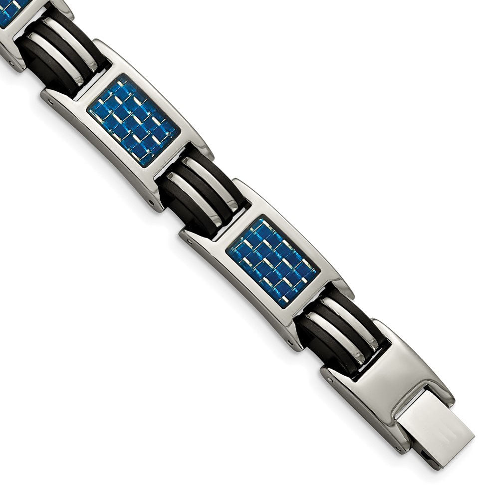 Men&#39;s Titanium Blue Carbon Fiber &amp; Black Rubber Link Bracelet, 8.5 In, Item B18597 by The Black Bow Jewelry Co.