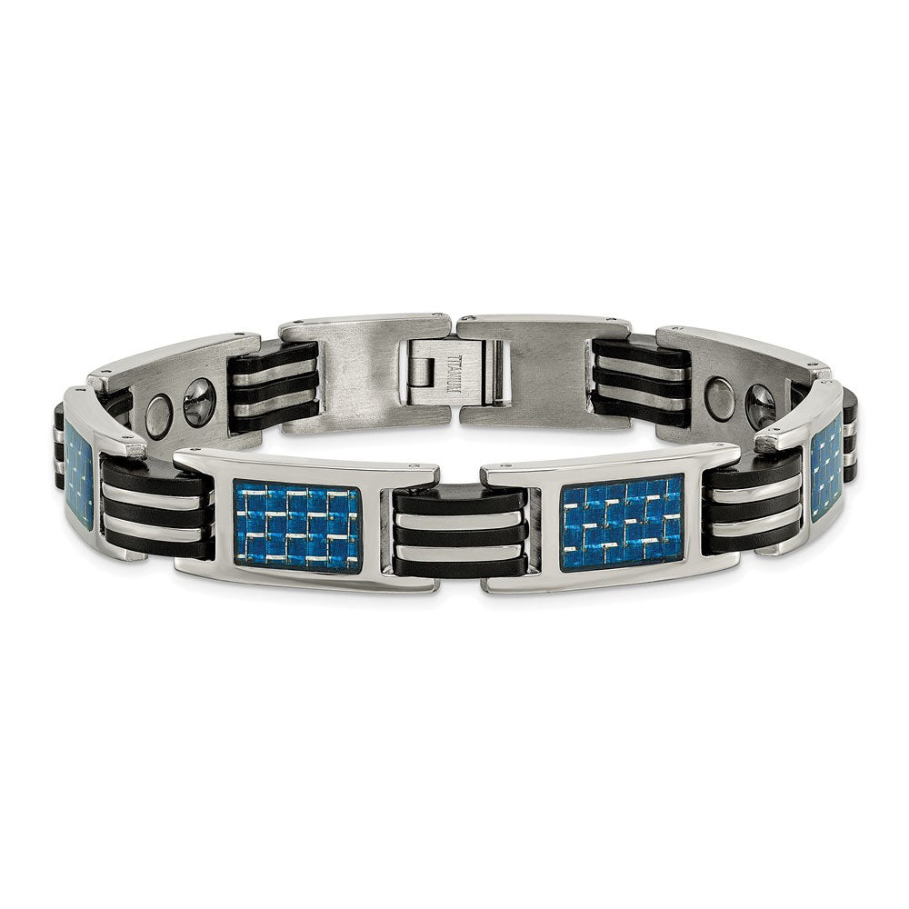 Alternate view of the Men&#39;s Titanium Blue Carbon Fiber &amp; Black Rubber Link Bracelet, 8.5 In by The Black Bow Jewelry Co.