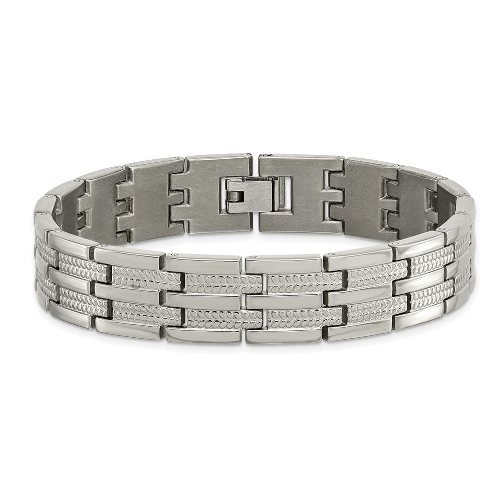 Alternate view of the Men&#39;s 14mm Titanium Polished &amp; Textured Link Bracelet, 8.5 Inch by The Black Bow Jewelry Co.