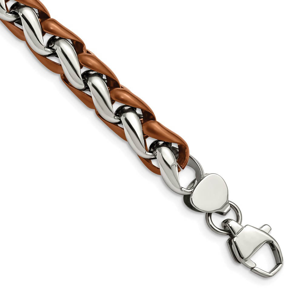 11mm Stainless Steel & Brown Plated Spiga Chain Bracelet, 8.25 Inch, Item B18610 by The Black Bow Jewelry Co.