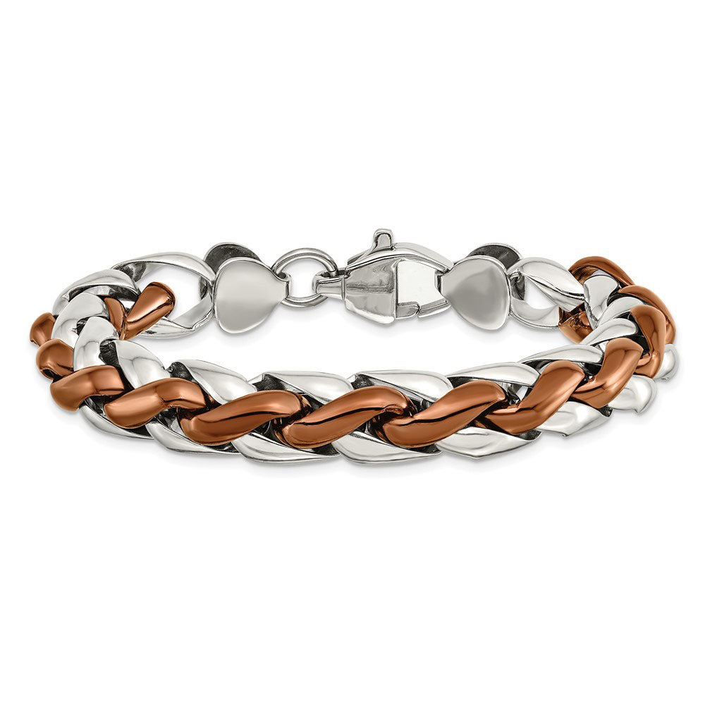 Alternate view of the 11mm Stainless Steel &amp; Brown Plated Spiga Chain Bracelet, 8.25 Inch by The Black Bow Jewelry Co.