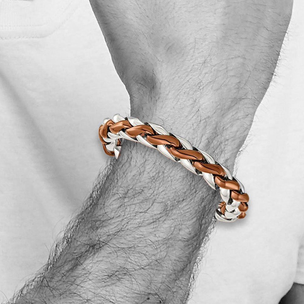 Alternate view of the 11mm Stainless Steel &amp; Brown Plated Spiga Chain Bracelet, 8.25 Inch by The Black Bow Jewelry Co.