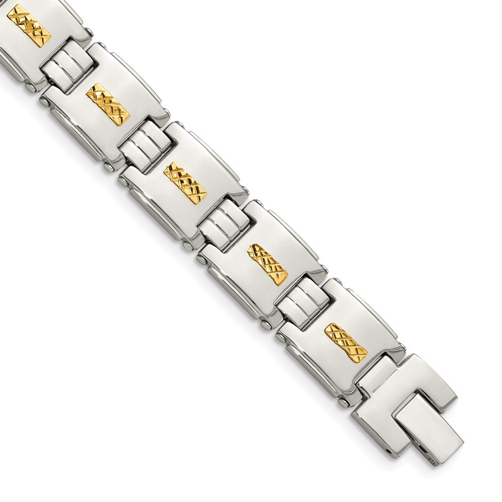 12.5mm Stainless Steel & 14K Yellow Gold Inlay Link Bracelet, 8 Inch, Item B18617 by The Black Bow Jewelry Co.