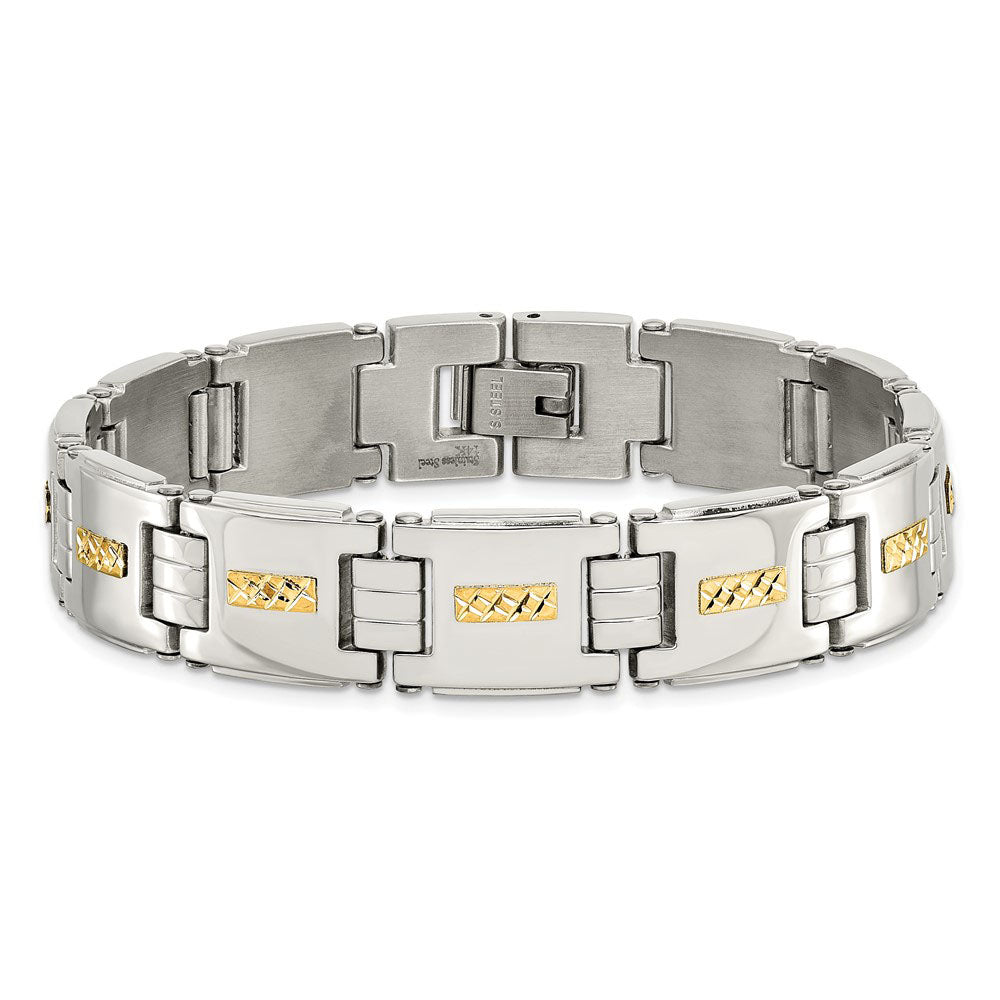 Alternate view of the 12.5mm Stainless Steel &amp; 14K Yellow Gold Inlay Link Bracelet, 8 Inch by The Black Bow Jewelry Co.