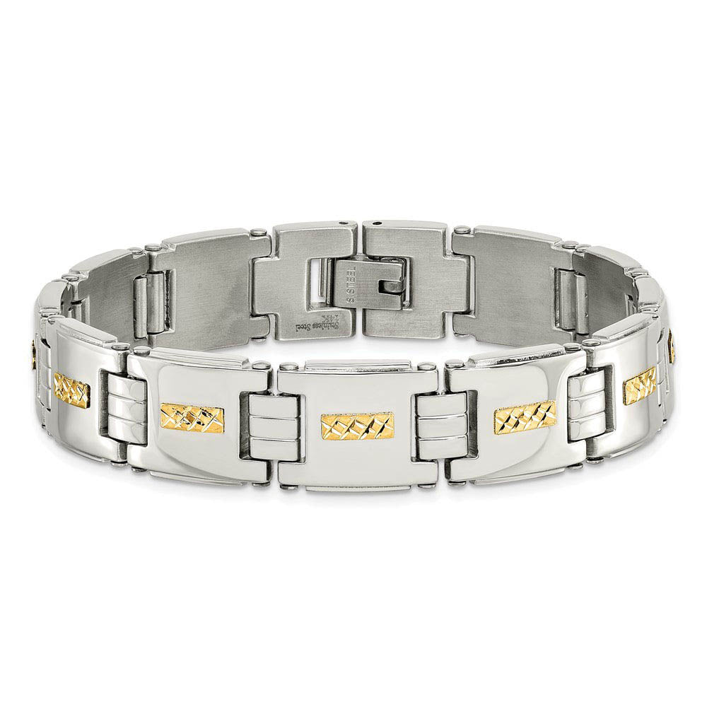 Alternate view of the 12.5mm Stainless Steel & 14K Yellow Gold Inlay Link Bracelet, 8 Inch by The Black Bow Jewelry Co.