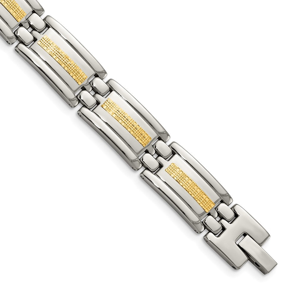 12mm Stainless Steel &amp; 14K Yellow Gold Inlay Link Bracelet, 8.75 Inch, Item B18618 by The Black Bow Jewelry Co.
