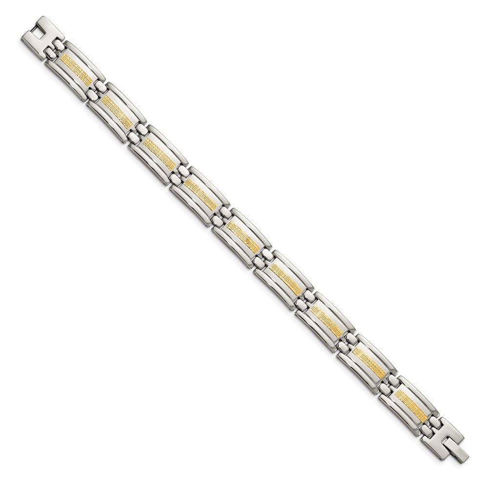 Alternate view of the 12mm Stainless Steel &amp; 14K Yellow Gold Inlay Link Bracelet, 8.75 Inch by The Black Bow Jewelry Co.