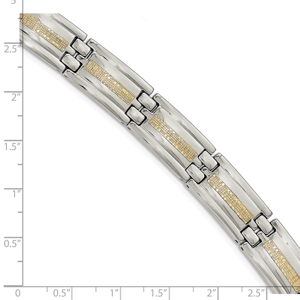 Alternate view of the 12mm Stainless Steel &amp; 14K Yellow Gold Inlay Link Bracelet, 8.75 Inch by The Black Bow Jewelry Co.