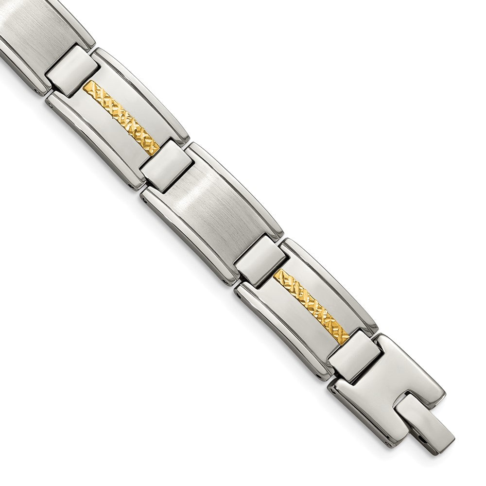 12.5mm Stainless Steel &amp; 14K Yellow Gold Inlay Link Bracelet, 8.75 In, Item B18620 by The Black Bow Jewelry Co.
