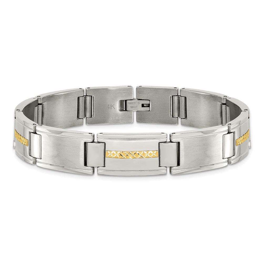 Alternate view of the 12.5mm Stainless Steel &amp; 14K Yellow Gold Inlay Link Bracelet, 8.75 In by The Black Bow Jewelry Co.