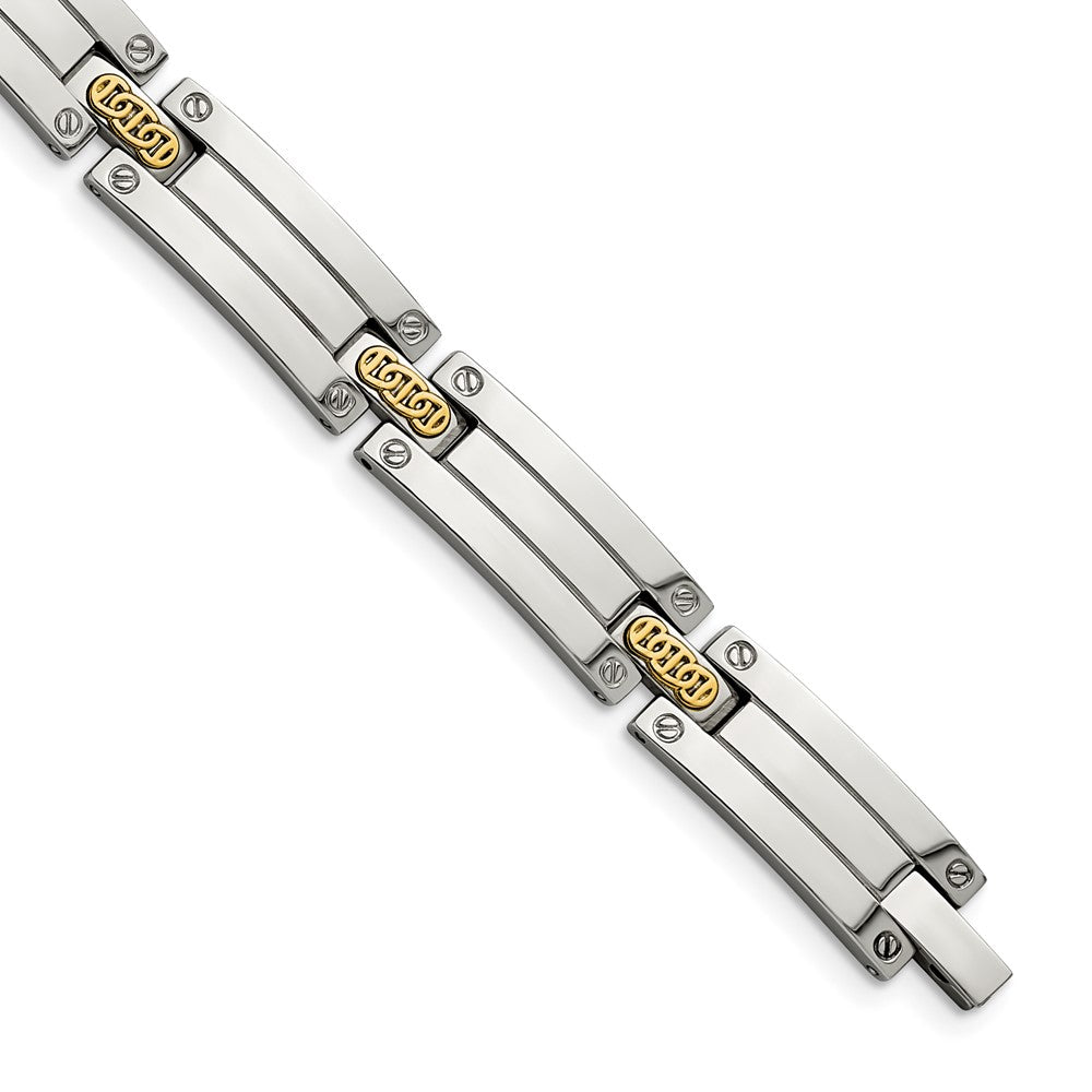 10mm Stainless Steel, 14K Yellow Gold Accent Link Bracelet, 8.5 Inch, Item B18624 by The Black Bow Jewelry Co.
