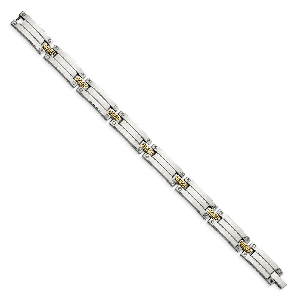 Alternate view of the 10mm Stainless Steel, 14K Yellow Gold Accent Link Bracelet, 8.5 Inch by The Black Bow Jewelry Co.