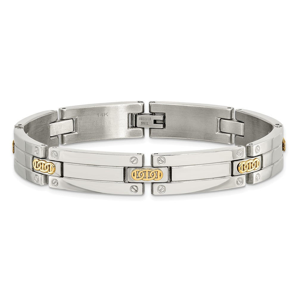 Alternate view of the 10mm Stainless Steel, 14K Yellow Gold Accent Link Bracelet, 8.5 Inch by The Black Bow Jewelry Co.