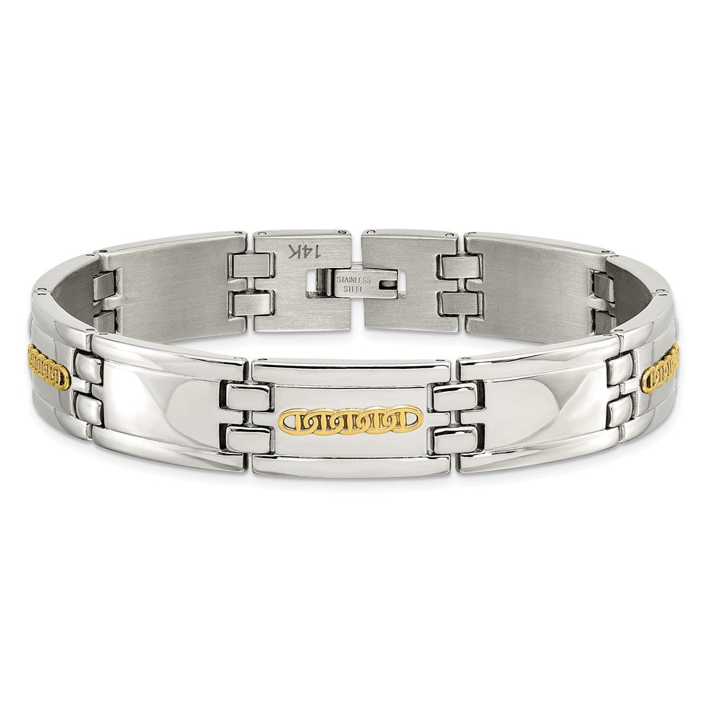 Alternate view of the 12mm Stainless Steel &amp; 14K Yellow Gold Accent Link Bracelet, 8.75 Inch by The Black Bow Jewelry Co.
