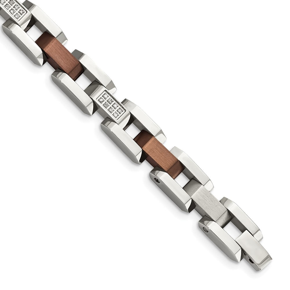 9mm Stainless Steel Brown Plated 1/4 Ctw Diamond Link Bracelet, 8.5 In, Item B18630 by The Black Bow Jewelry Co.