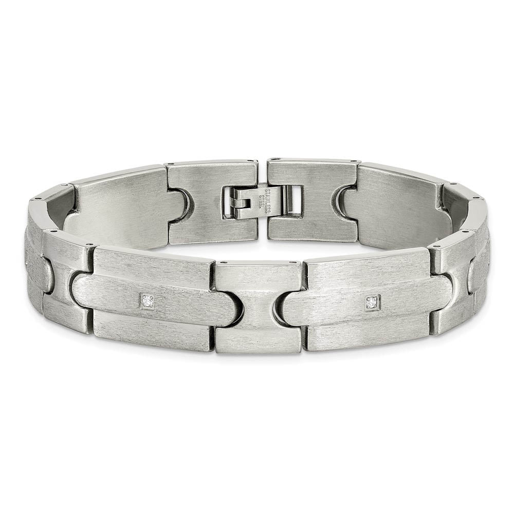 Alternate view of the Men's 13mm Stainless Steel & CZ Brushed Link Bracelet, 8.25 Inch by The Black Bow Jewelry Co.