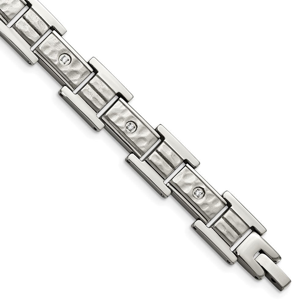 12mm Stainless Steel &amp; CZ Brushed &amp; Hammered Link Bracelet, 8.5 Inch, Item B18633 by The Black Bow Jewelry Co.