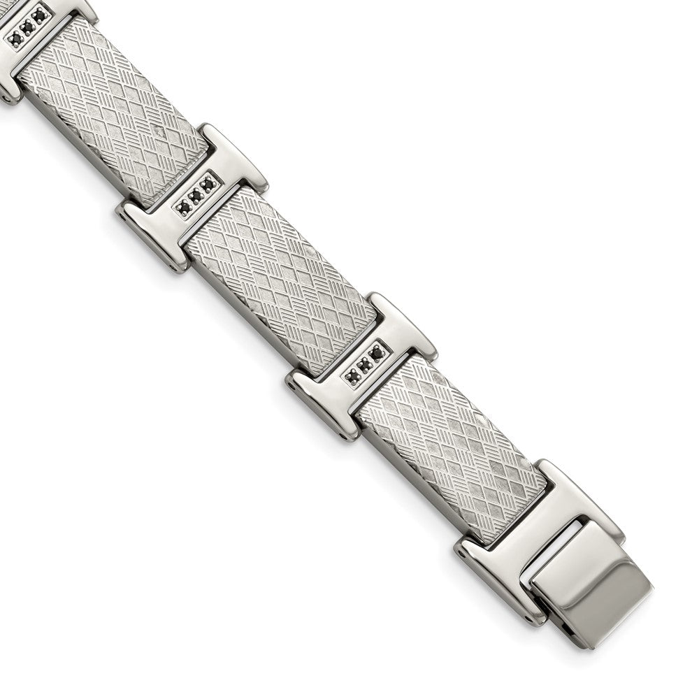 Men&#39;s 14mm Stainless Steel &amp; Black CZ Textured Link Bracelet, 8.5 Inch, Item B18634 by The Black Bow Jewelry Co.