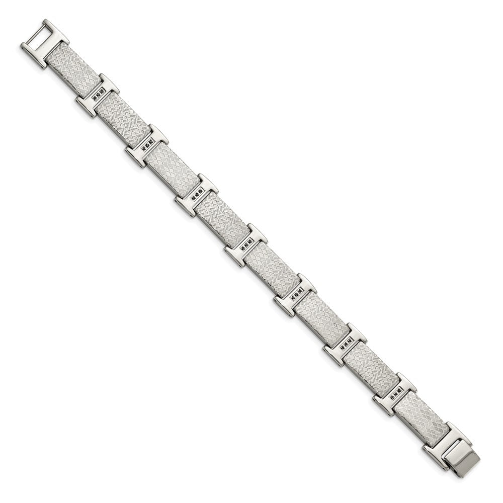 Alternate view of the Men&#39;s 14mm Stainless Steel &amp; Black CZ Textured Link Bracelet, 8.5 Inch by The Black Bow Jewelry Co.