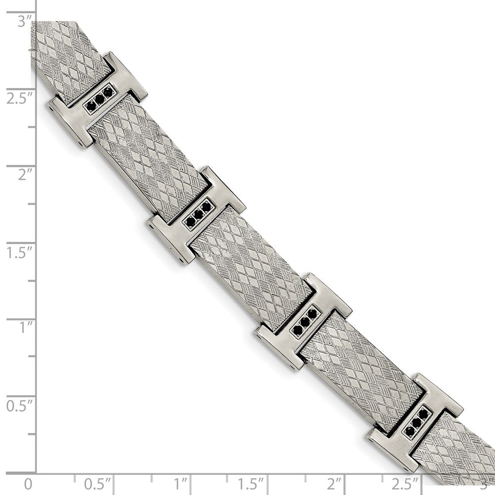 Alternate view of the Men&#39;s 14mm Stainless Steel &amp; Black CZ Textured Link Bracelet, 8.5 Inch by The Black Bow Jewelry Co.