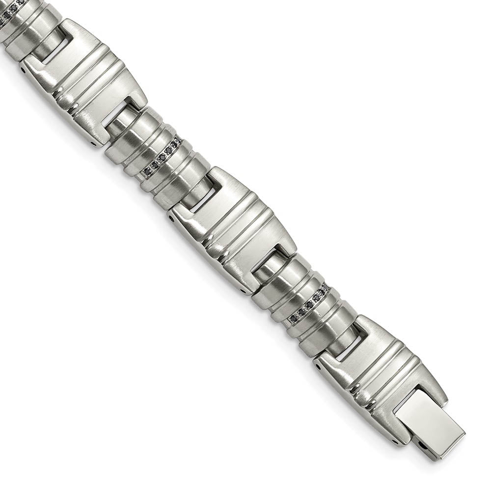 Mens 12.5mm Stainless Steel & Black CZ Fancy Link Bracelet, 8.25 Inch, Item B18635 by The Black Bow Jewelry Co.