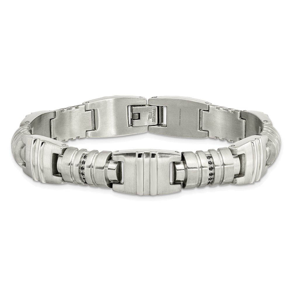 Alternate view of the Mens 12.5mm Stainless Steel & Black CZ Fancy Link Bracelet, 8.25 Inch by The Black Bow Jewelry Co.