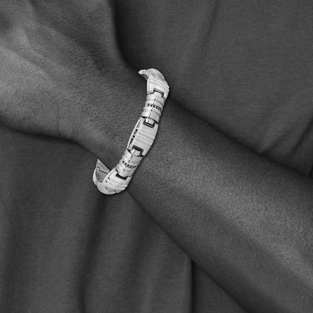 Alternate view of the Mens 12.5mm Stainless Steel & Black CZ Fancy Link Bracelet, 8.25 Inch by The Black Bow Jewelry Co.