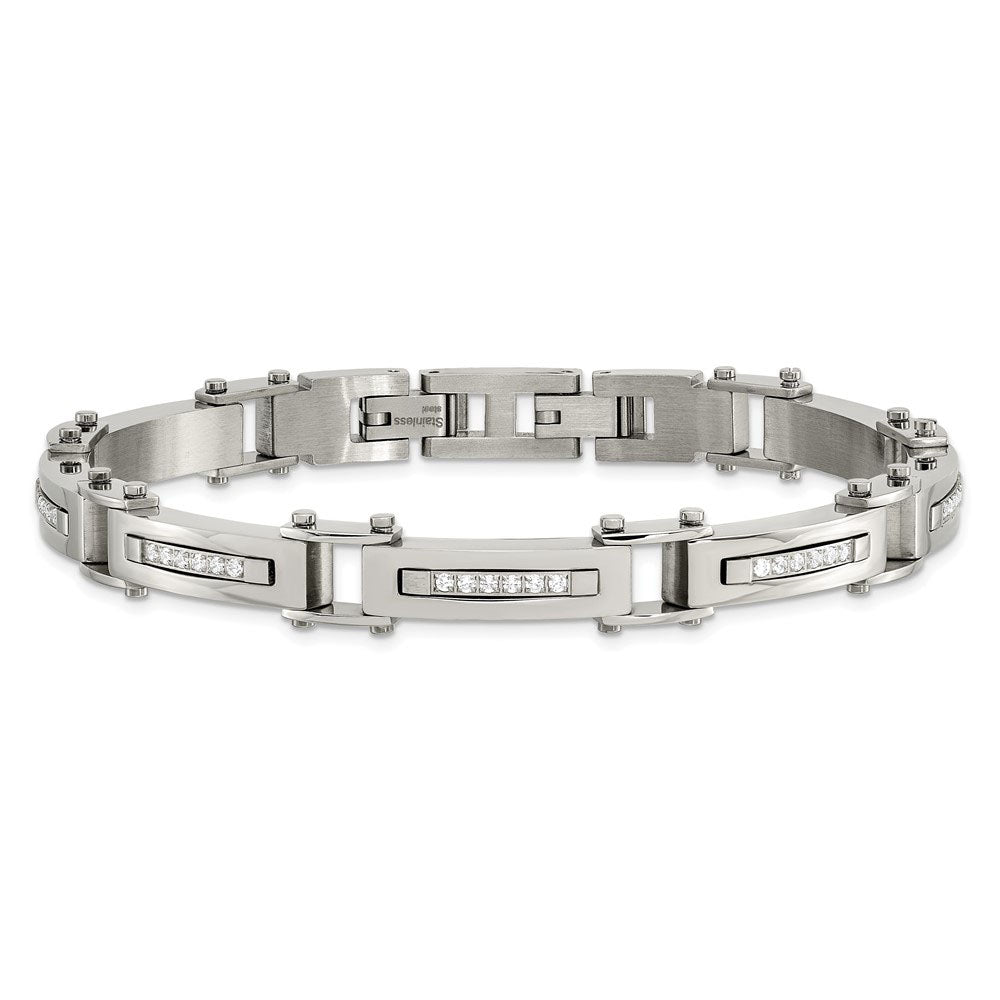 Alternate view of the Men&#39;s 8mm Stainless Steel &amp; CZ Link Bracelet, 8.25 Inch Adjustable by The Black Bow Jewelry Co.