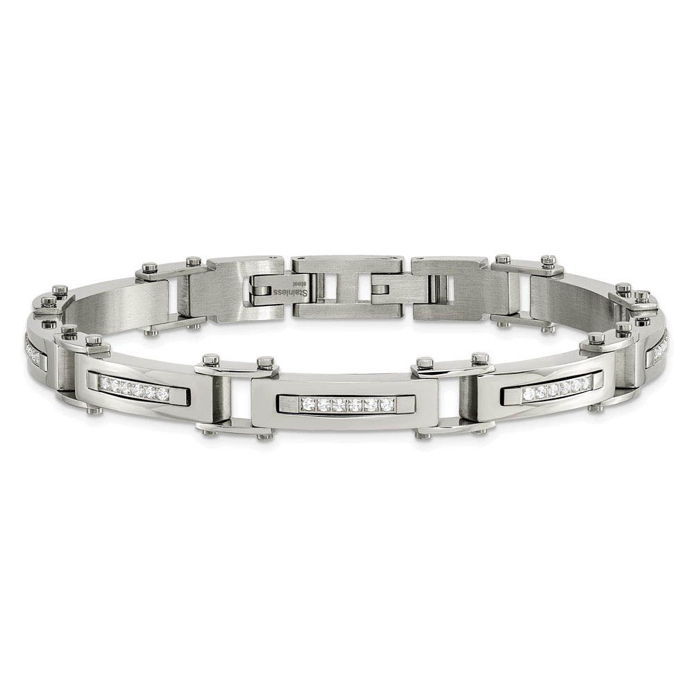 Alternate view of the Men's 8mm Stainless Steel & CZ Link Bracelet, 8.25 Inch Adjustable by The Black Bow Jewelry Co.