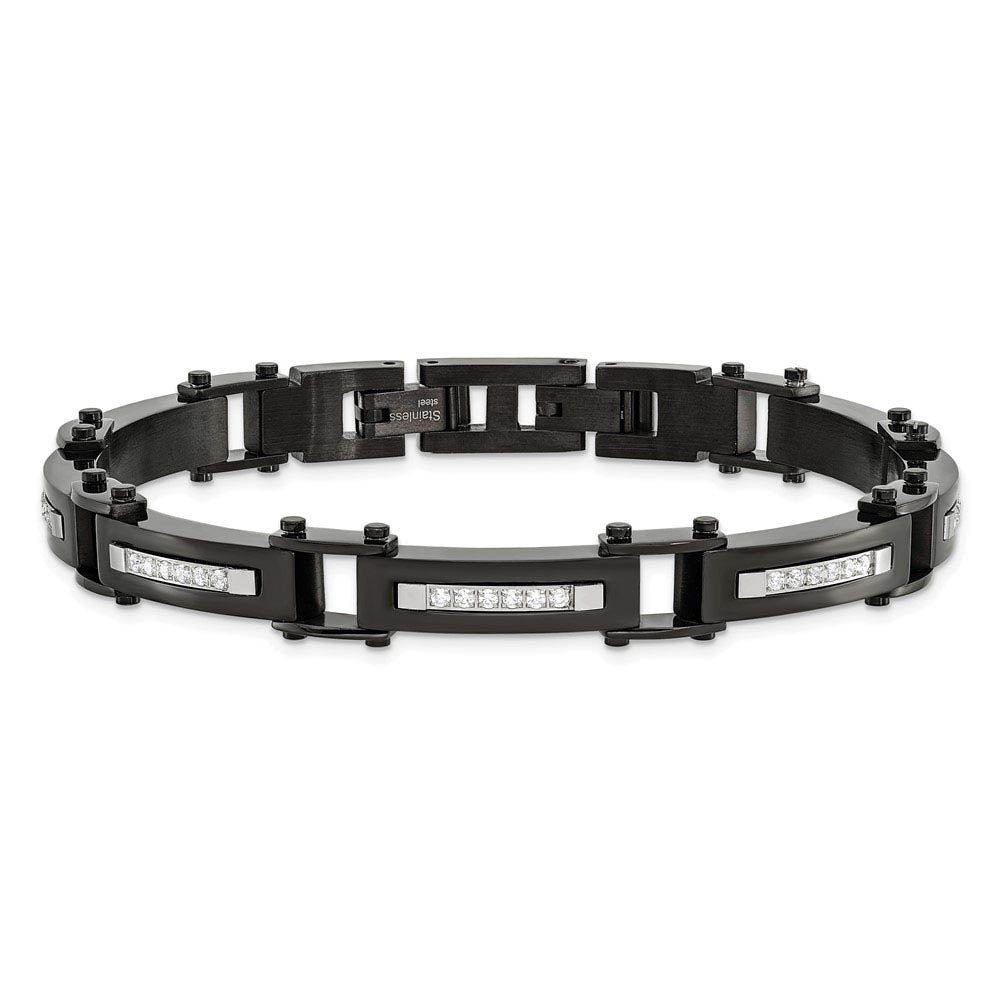 Alternate view of the 8mm Black Plated Stainless Steel & CZ Link Bracelet 8.25 In Adjustable by The Black Bow Jewelry Co.