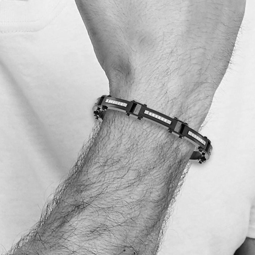 Alternate view of the 8mm Black Plated Stainless Steel &amp; CZ Link Bracelet 8.25 In Adjustable by The Black Bow Jewelry Co.
