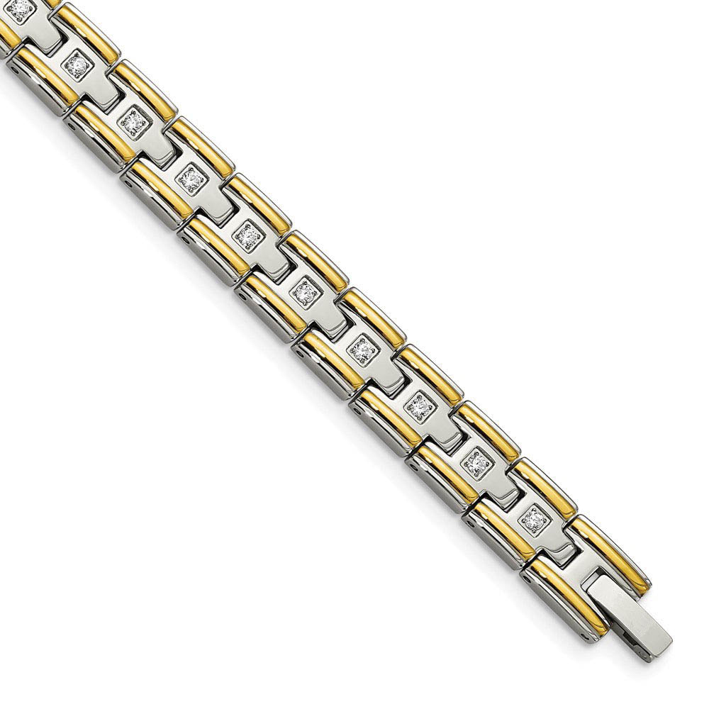 Men's 8mm Stainless Steel, Gold Tone Plated & CZ Link Bracelet, 8.5 In, Item B18639 by The Black Bow Jewelry Co.
