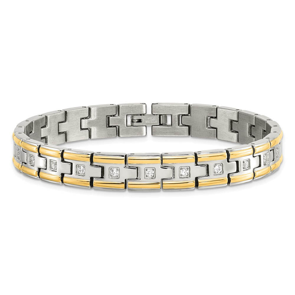 Alternate view of the Men's 8mm Stainless Steel, Gold Tone Plated & CZ Link Bracelet, 8.5 In by The Black Bow Jewelry Co.