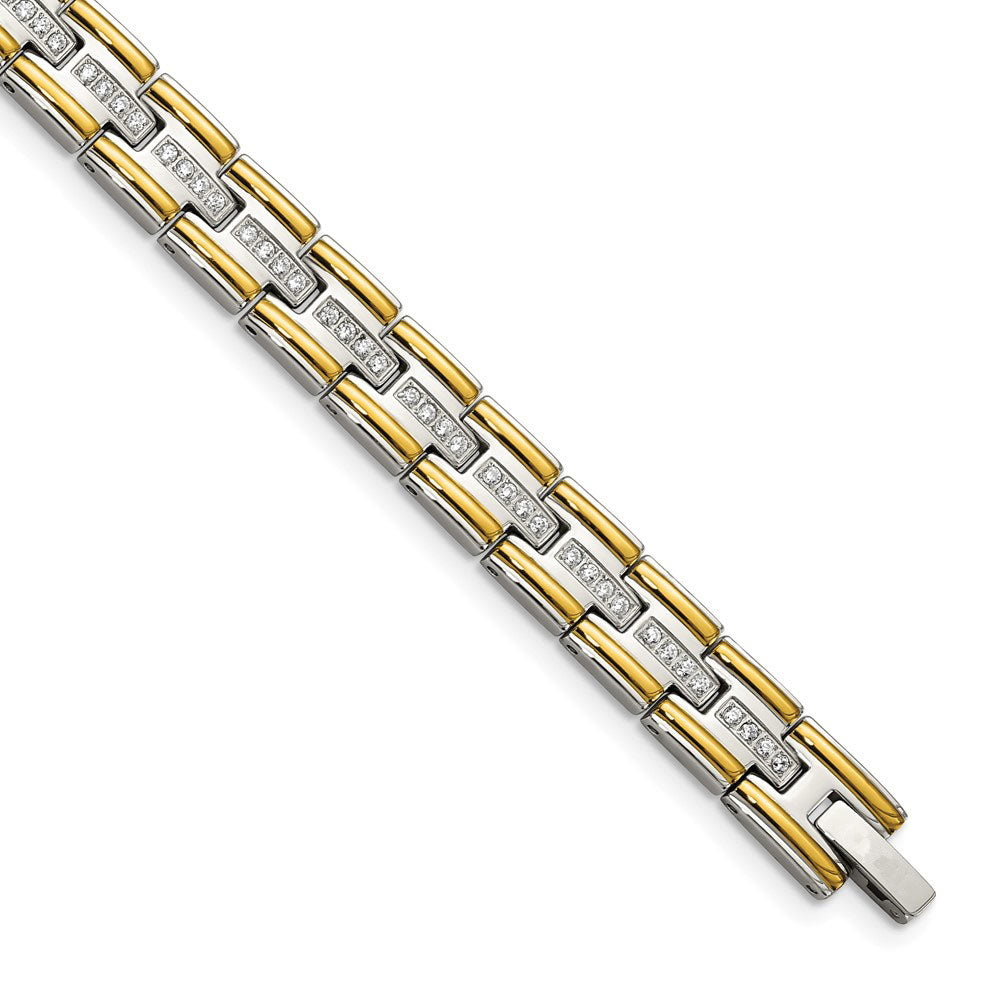 Mens 8mm Stainless Steel, Gold-Tone Plated &amp; CZ Link Bracelet, 8.5 In, Item B18640 by The Black Bow Jewelry Co.