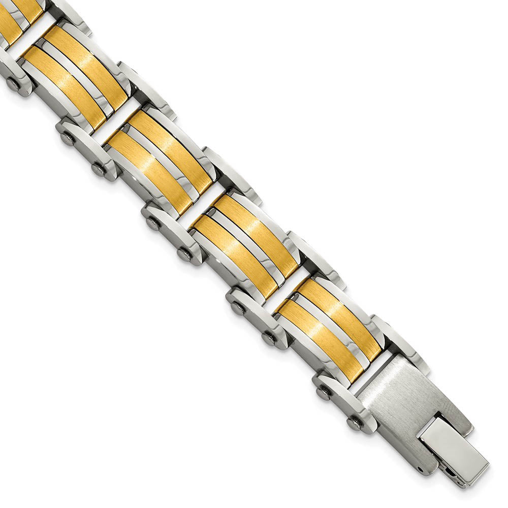 14.5mm Stainless Steel & Gold Tone Plated Link Bracelet, 8.25 Inch, Item B18641 by The Black Bow Jewelry Co.