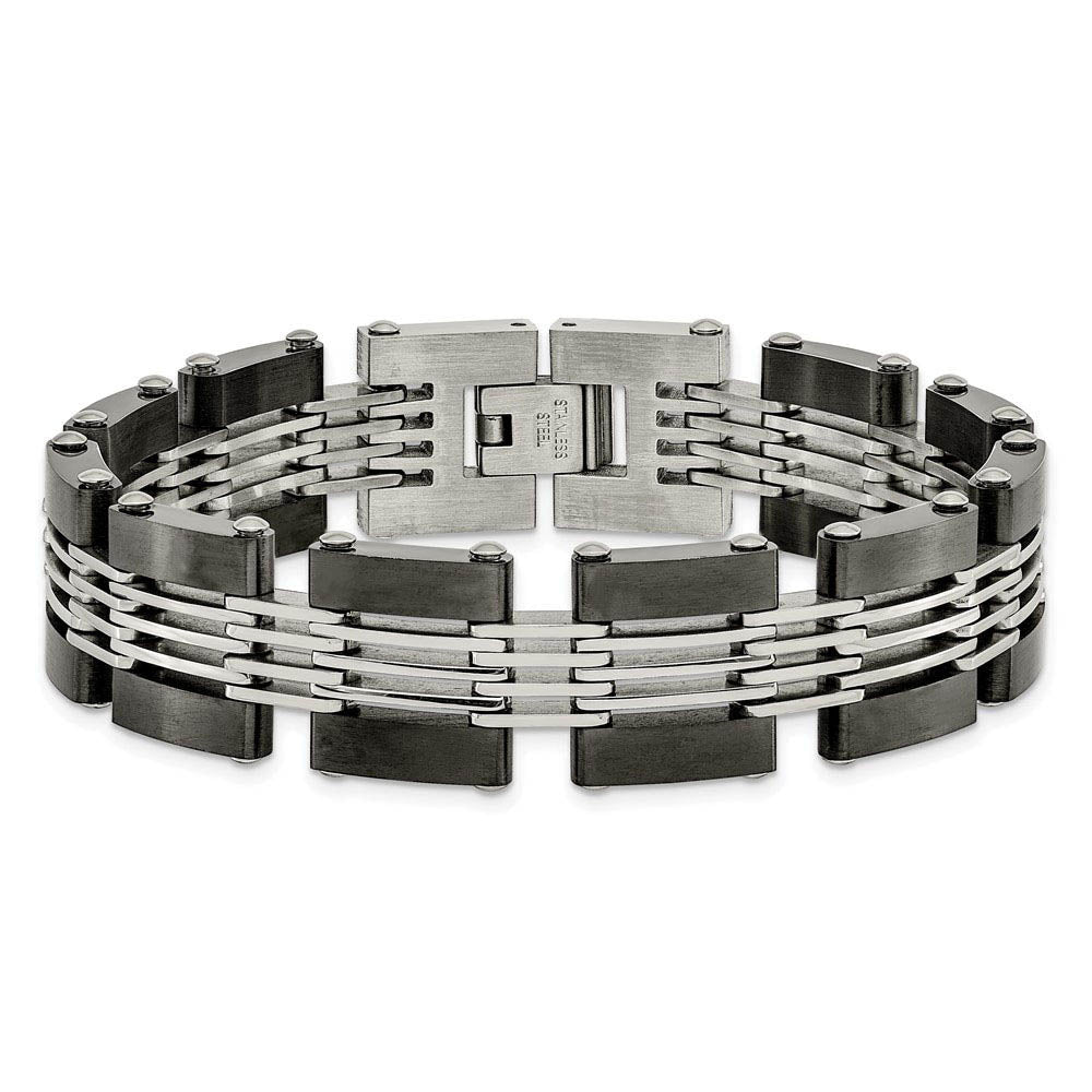 Alternate view of the Men's 15mm Two Tone Stainless Steel Link Bracelet, 8 Inch by The Black Bow Jewelry Co.