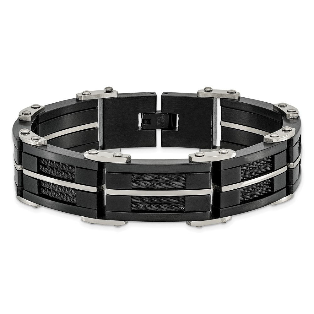 Alternate view of the 17.5mm Stainless Steel &amp; Black Plated Wire Link Bracelet, 8.75 Inch by The Black Bow Jewelry Co.