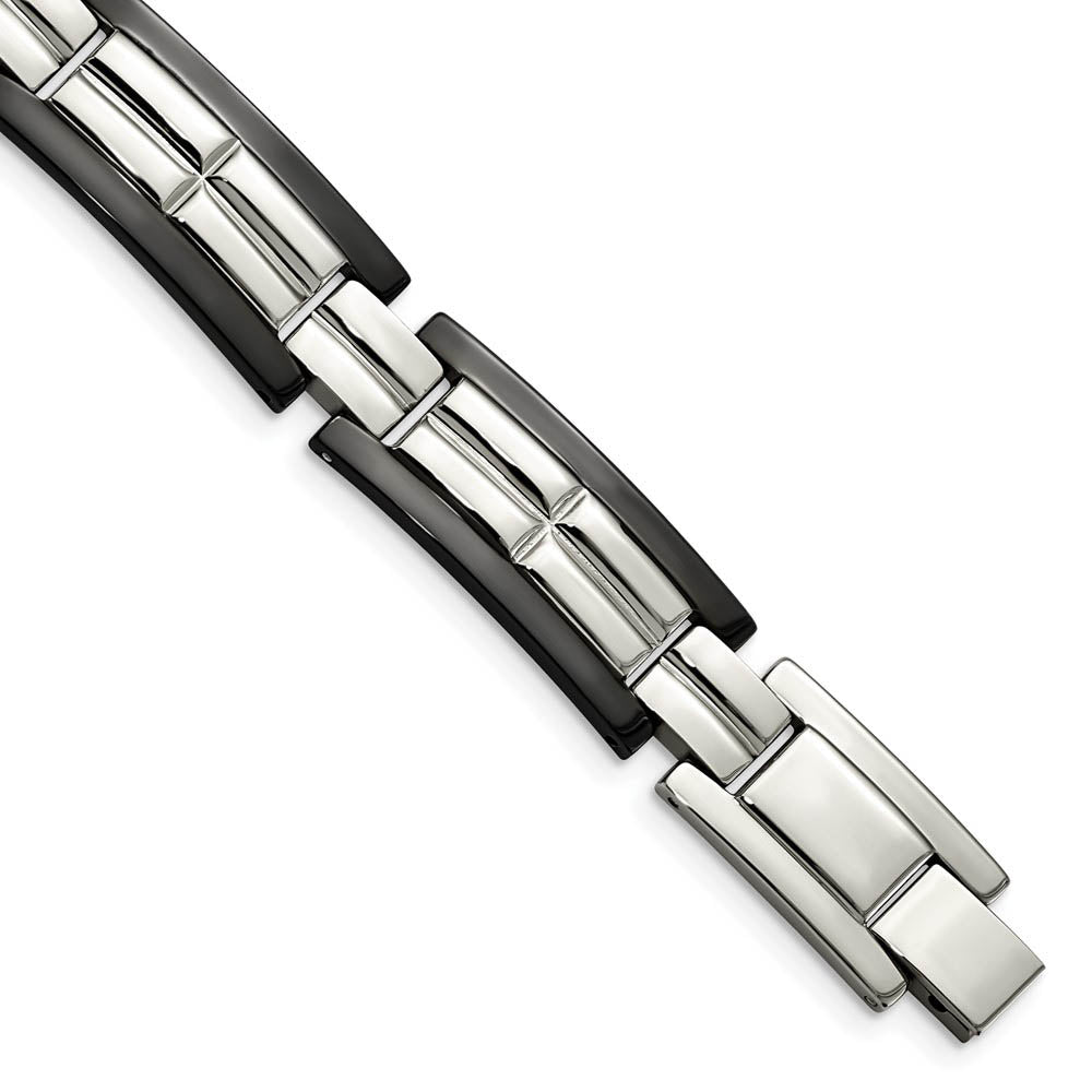 12mm Stainless Steel Polished & Black Plated Link Bracelet, 8.5 Inch, Item B18644 by The Black Bow Jewelry Co.