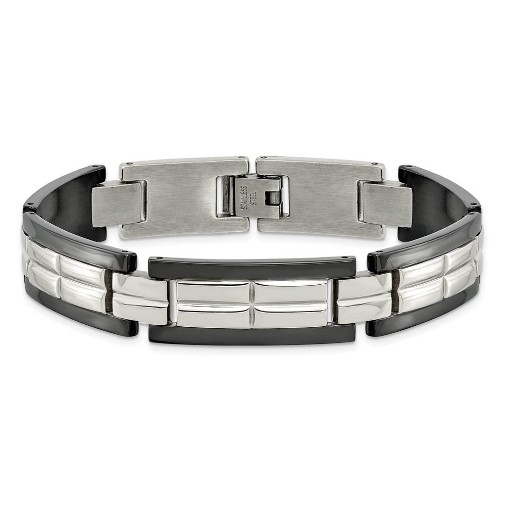Alternate view of the 12mm Stainless Steel Polished & Black Plated Link Bracelet, 8.5 Inch by The Black Bow Jewelry Co.