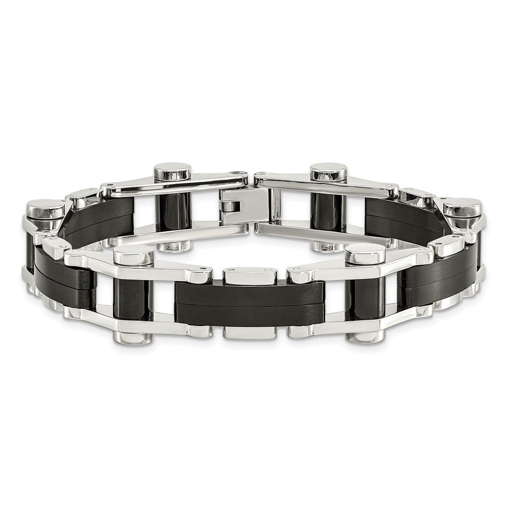 Alternate view of the Mens 14mm Stainless Steel Polished &amp; Black Plated Link Bracelet, 8 In by The Black Bow Jewelry Co.