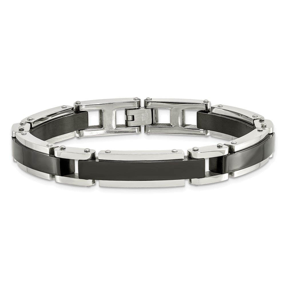 Alternate view of the 8.5mm Stainless Steel Polished & Black Plated Link Bracelet, 8.5 Inch by The Black Bow Jewelry Co.