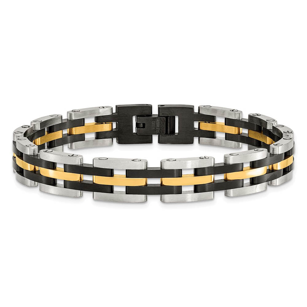 Alternate view of the Men's 10mm Tri-Color Stainless Steel Link Bracelet, 8.25 Inch by The Black Bow Jewelry Co.