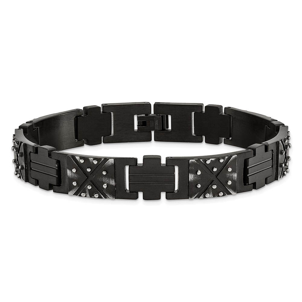 Alternate view of the 12mm Black Plated Stainless Steel Brushed Link Bracelet, 9.25 Inch by The Black Bow Jewelry Co.