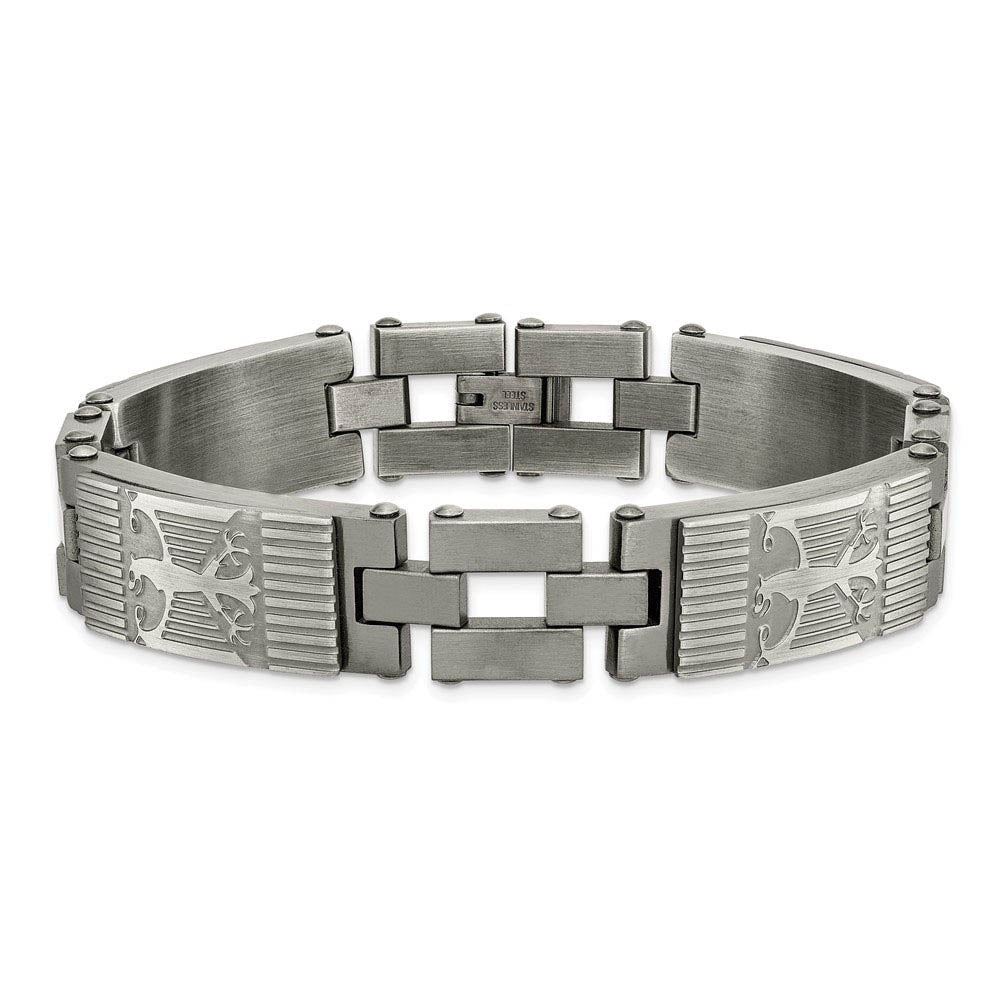 Alternate view of the 13mm Stainless Steel Antiqued & Brushed Eagle Link Bracelet, 8.5 Inch by The Black Bow Jewelry Co.
