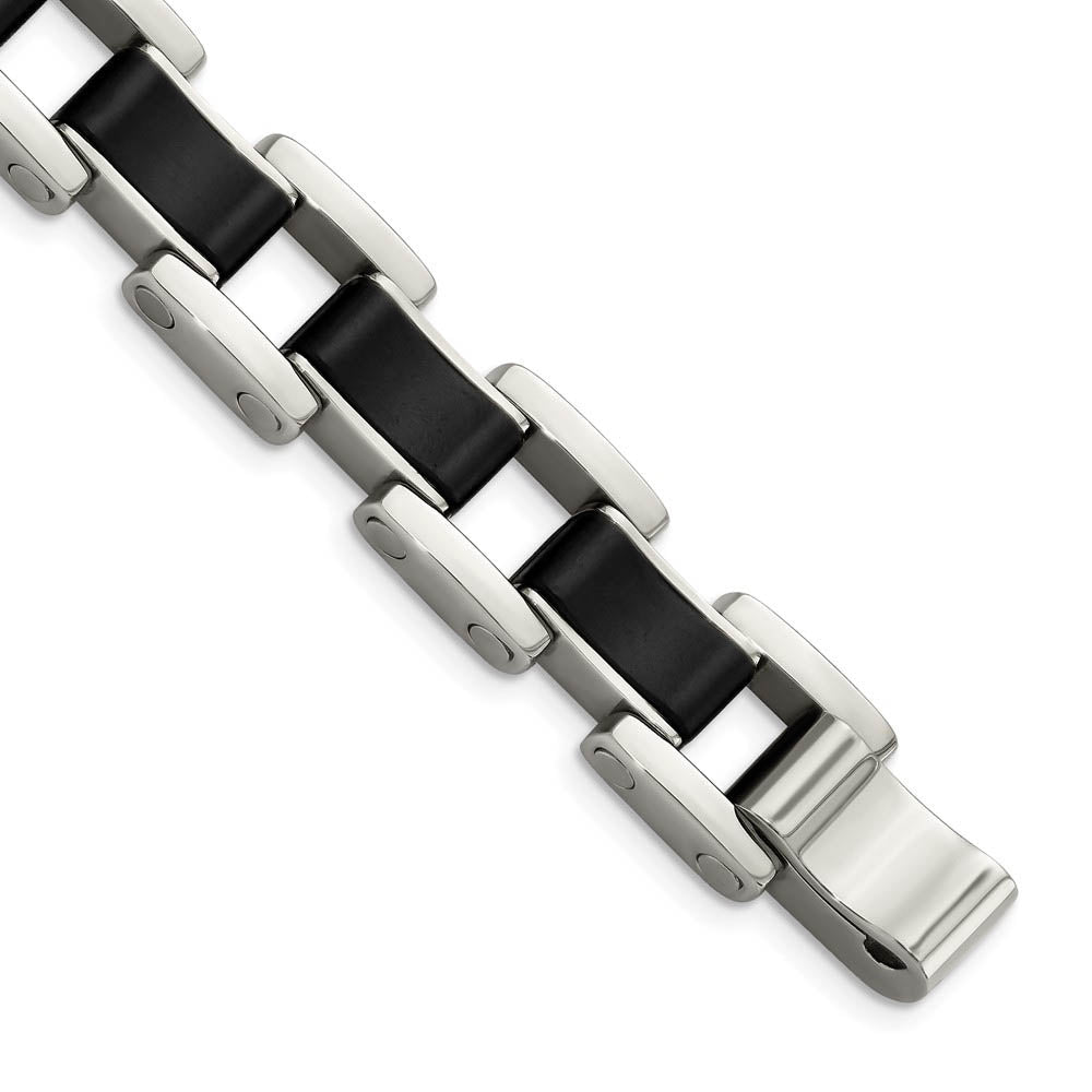 Men's 14mm Stainless Steel & Black Rubber Link Bracelet, 8.5 Inch, Item B18656 by The Black Bow Jewelry Co.