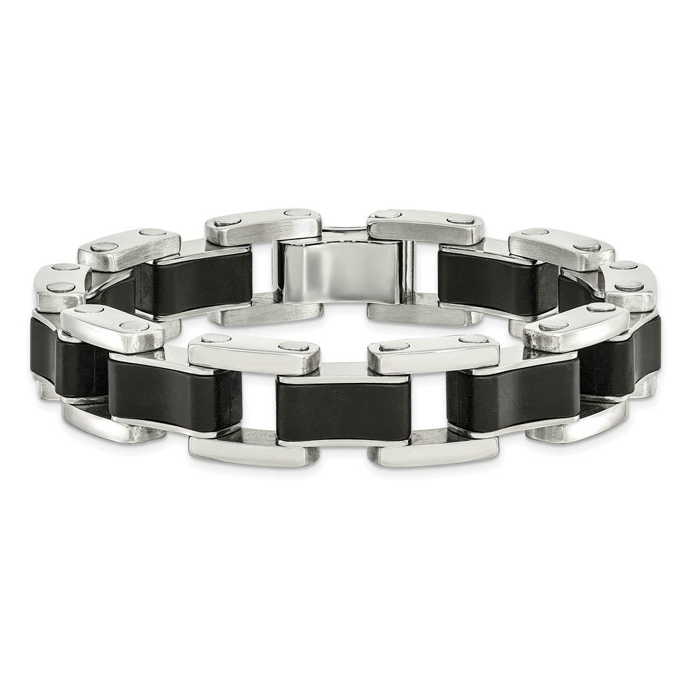 Alternate view of the Men's 14mm Stainless Steel & Black Rubber Link Bracelet, 8.5 Inch by The Black Bow Jewelry Co.