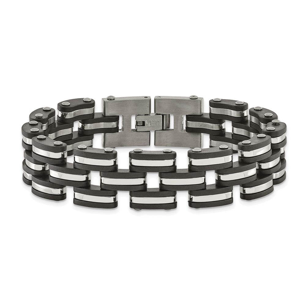 Alternate view of the Men's 16.5mm Stainless Steel & Black Rubber Link Bracelet, 8 Inch by The Black Bow Jewelry Co.