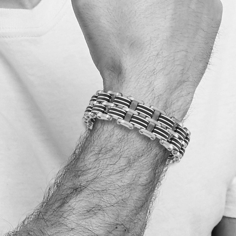 Alternate view of the Men&#39;s 20mm Stainless Steel &amp; Black Rubber Link Bracelet, 8.25 Inch by The Black Bow Jewelry Co.